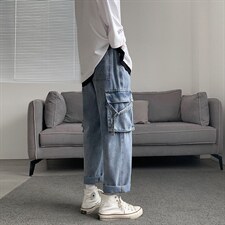 牛仔裤男直筒宽松潮牌港风韩版百搭休闲裤子阔腿工装潮流N703-P45图片