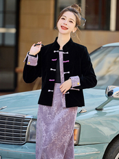 现货2025秋装新款气质夹棉新中式上衣外套紫色半裙两件套女，女装套装/套裙，时尚风爆