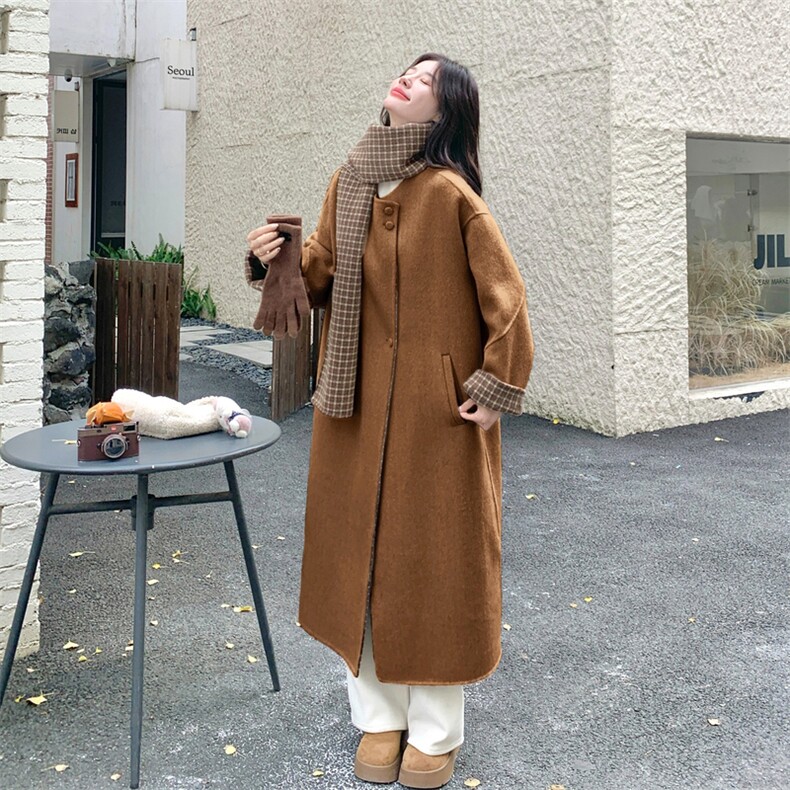 韩系圆领长款双面羊绒大衣女25冬新款宽松显瘦百搭外套潮,女装羊绒大衣,2D076