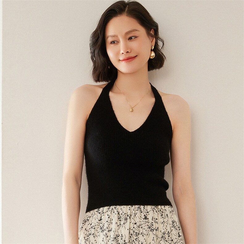 秋冬新款上新无袖挂脖衫女气质纯色山打底衫短款露背背心，女装背心吊带，尚达羊绒
