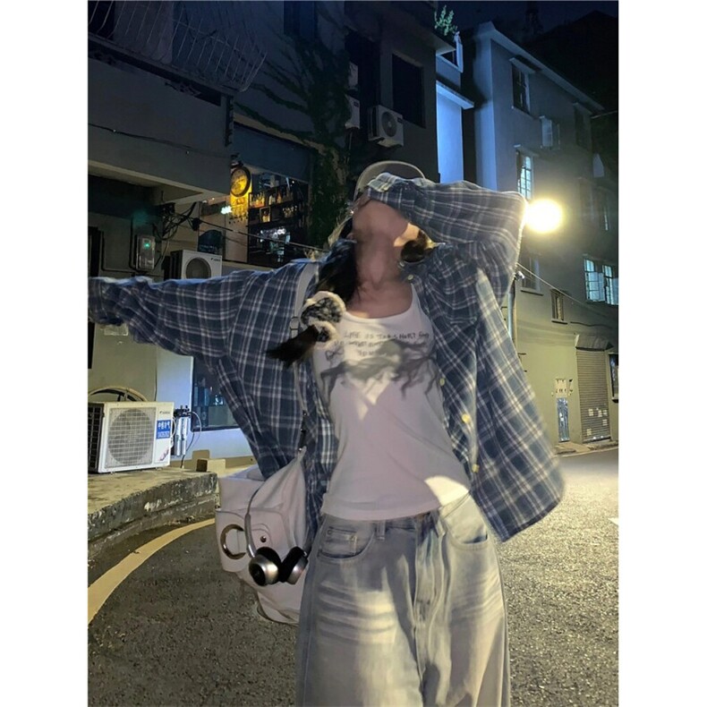 TC679-p45美式复古蓝色格子衬衫女装秋季新款外搭衬衣防晒外套,女装衬衫,星座617A-2