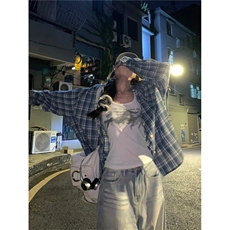 TC679-p45美式复古蓝色格子衬衫女装秋季新款外搭衬衣防晒外套，女装衬衫，星座617A-2