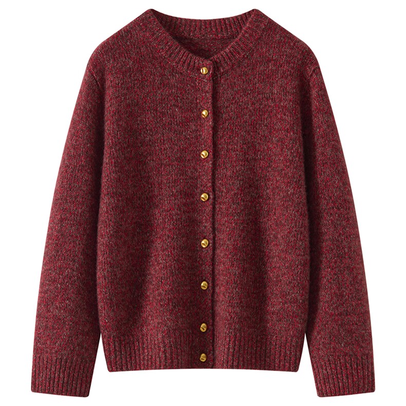 2025年秋季时尚百搭通勤简约休闲花纱圆领开衫，女装羊绒衫，多娇羊绒