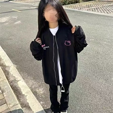 学生ins复古宽松上衣外套美式高街kitty棒球印花拉链夹克黑色外套，男装夹克，星座506A