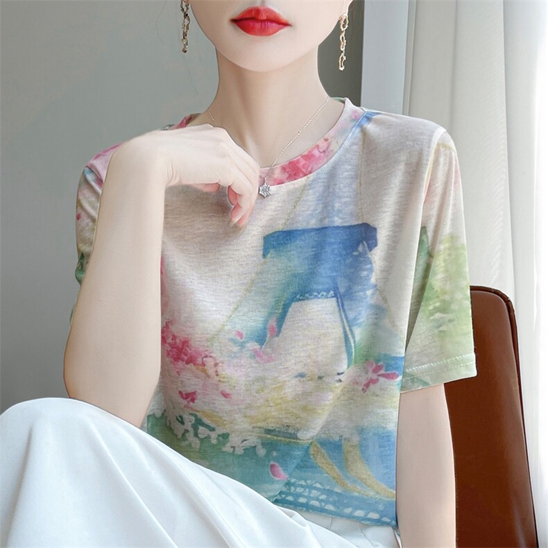 时尚印花短袖t恤女夏季2025新款打底衫洋气大码女装冰丝针织上衣图片