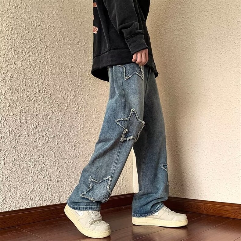 美式oversize五角星牛仔裤男女秋冬ins高街vibe风直筒裤NK206-P48,男装牛仔裤,星座1008