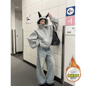 480G重磅加绒硬挺boxy男女美式高街卫衣铆钉杜宾犬耳朵开衫厚外套图片