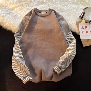 秋冬季复古条纹拼接毛衣男ins超火潮牌宽松针织衫Q116P40图片