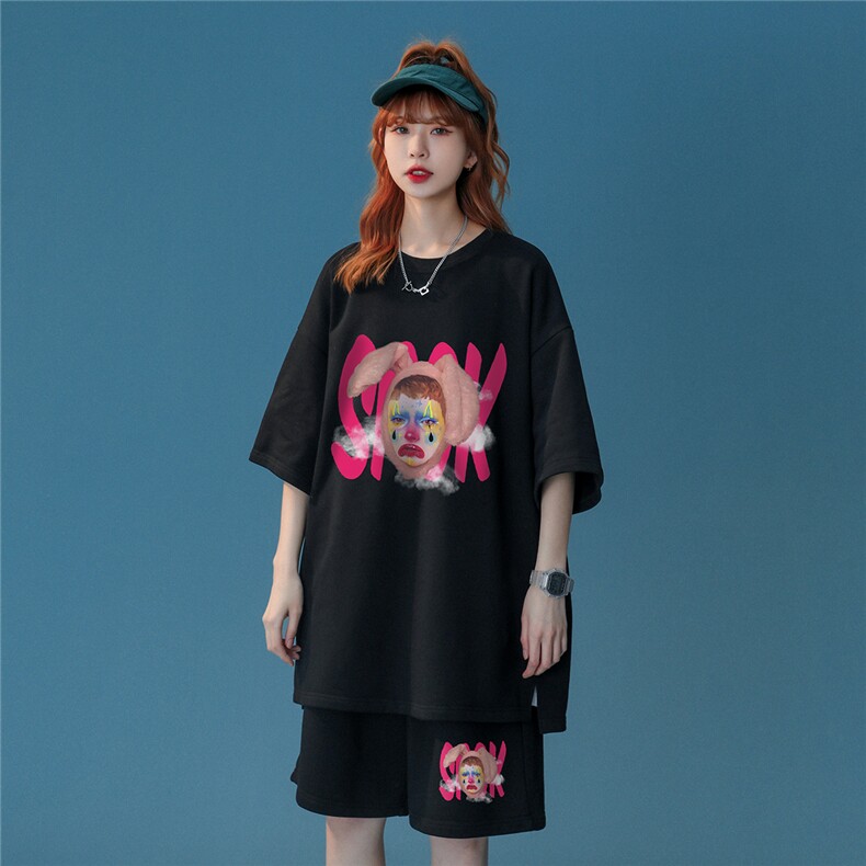中性风23夏季新款做旧印花圆领短袖美式垂感短裤套装TZ66P50控68图片
