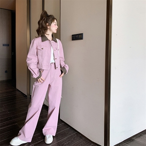韩系学院风撞色翻领外套女2025春秋新款显瘦阔腿裤夹克上衣两件套图片