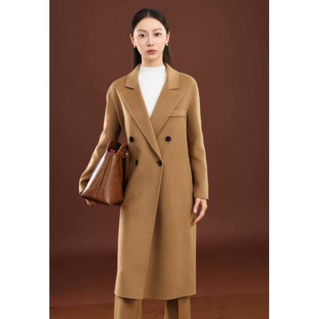 秋冬季纯山羊绒保暖经典V领简约两扣高级感长款羊绒大衣，女装羊绒大衣，卓冠羊绒