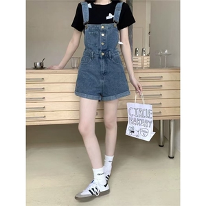 牛仔背带裤女2025春夏新款单排扣卷边短裤小个子高腰直筒阔腿裤子图片