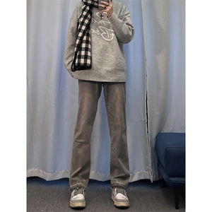 美式hiphop烟灰色毛边修身直筒显瘦牛仔裤痞帅高街图片