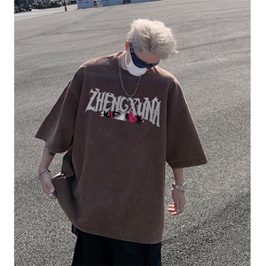 复古水洗做旧头像印花 欧美重磅落肩袖短袖T恤 XZ514-2-24134-P38图片