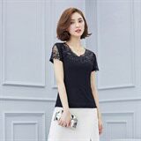 短袖套头修身拼接镶钻镂空圆领纯色2021年夏季蕾丝衫/雪纺衫，女装蕾丝衫/雪纺衫，安之芮娜