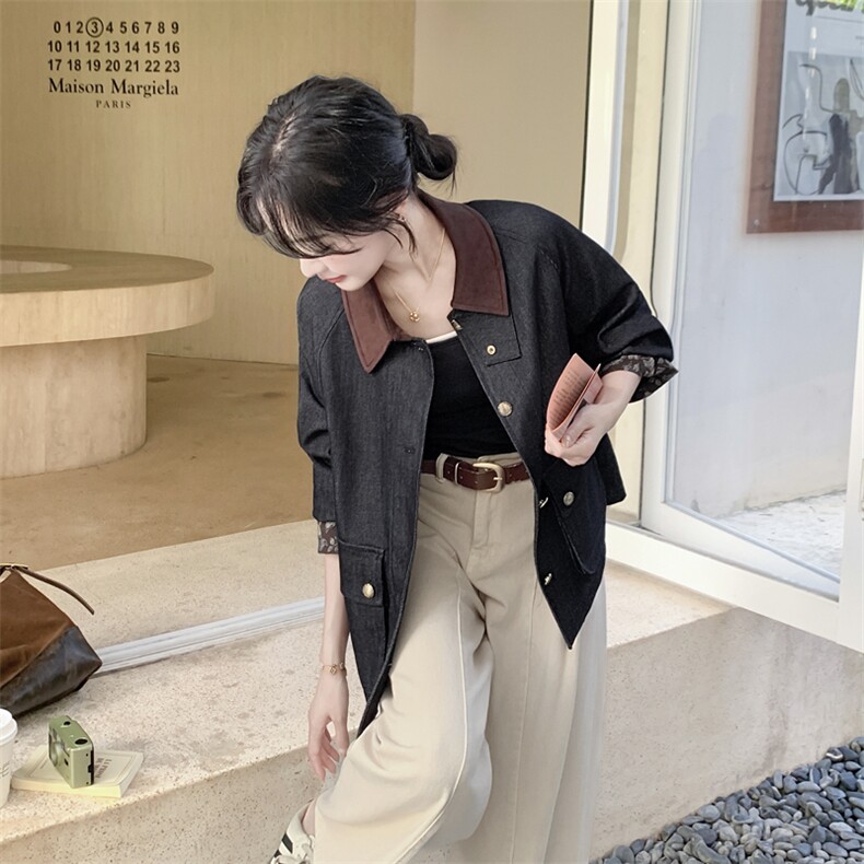 深蓝色复古撞色翻领牛仔短外套女2025秋季小个子气质休闲夹克上衣,女装短外套,2C092
