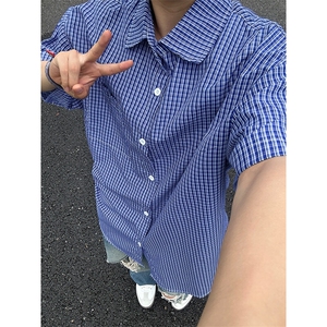格子衬衫春夏美式短袖衬衫港风情侣装休闲衬衣 CS286-P30图片