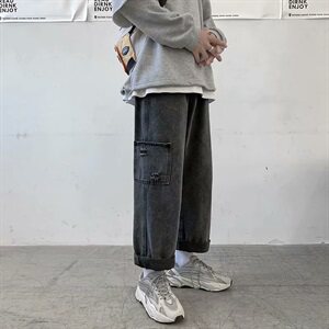 现货主推秋冬宽松直筒港风中性百搭阔腿九分男牛仔裤NZ401-P35图片