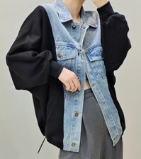 【现货]】秋季新款韩版宽松休闲风牛仔拼接外套，其它，那简