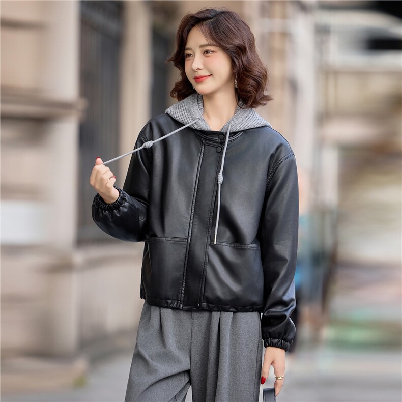 【冬季女装新款】可脱卸毛线帽加绒加厚皮棉P-145,女装皮衣,简古