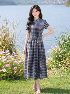 夏季格纹绣花收腰显瘦学院风优雅气质连衣裙图片