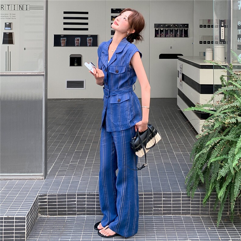 《现货26夏上新》100%亚麻条纹气质长裤收腰两件套装女,女装套装/套裙,苗苗