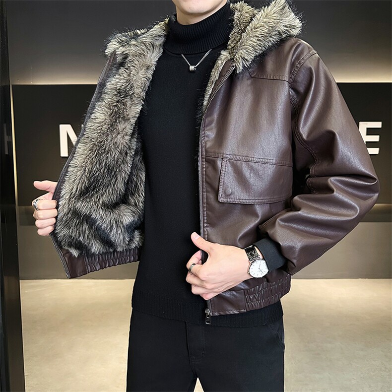 座山雕加绒加厚皮衣连帽外套男士皮毛一体PU皮棉衣B328-6651-P215,男装皮衣,电商B328