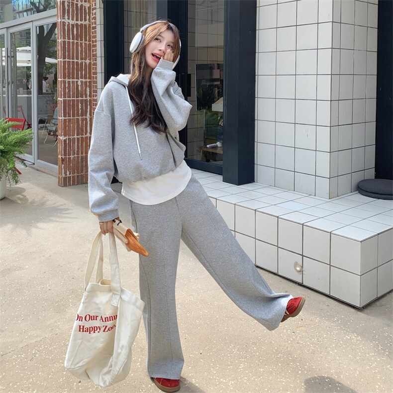 灰色运动套装女2025秋季新款撞色拼接减龄连帽卫衣长裤休闲两件套,女装套装/套裙,2D076