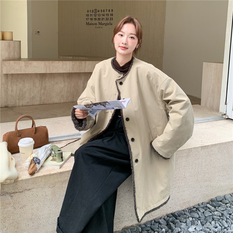 高级感韩系宽松显瘦百搭休闲加厚冬季中长款外套羊羔毛保暖棉服,女装棉衣/棉服,2C166