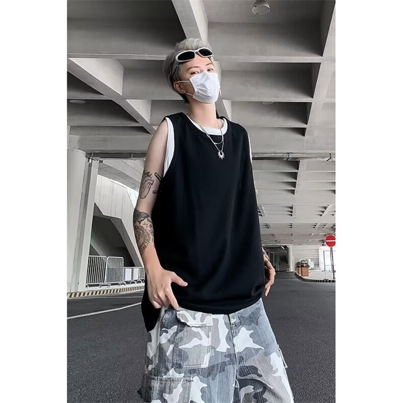 C467-P25 夏季潮流痞帅假两件坎肩背心男款美式宽松无袖t恤 现货图片