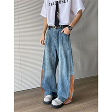 高街牛仔裤男女韩版潮流条纹拼色帅气2026夏季ins长裤RK2656-P57，男装牛仔裤，星座412-2