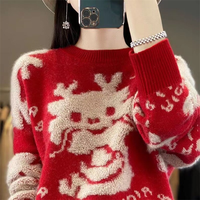 2024秋冬新款羊毛女士新年红小龙人羊毛衫,女装羊毛衫,胜酷羊绒