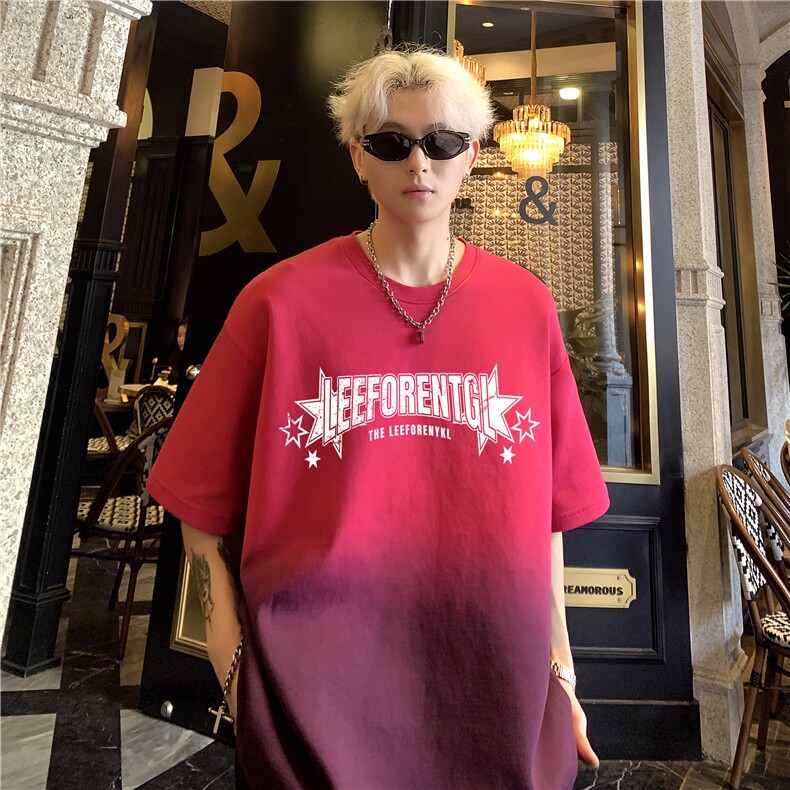 美式复古水洗渐变夏季潮牌T恤男半袖ins宽松上衣潮情侣短袖P38,男装T恤,电商C307