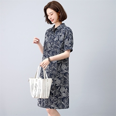 复古印花连衣裙女夏2025新款中年妈妈宽松大码休闲遮肚子显瘦裙子，女装连衣裙，阿丹