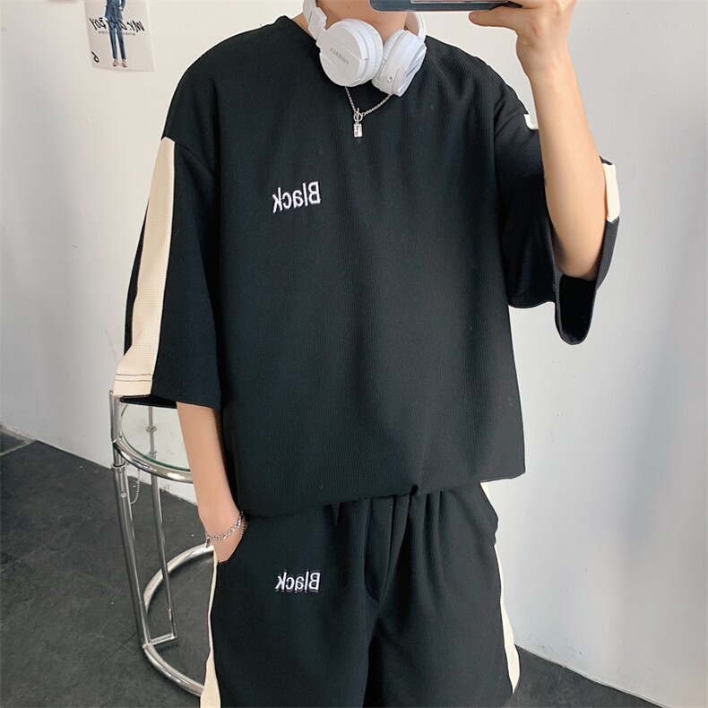 2026夏装华夫格拼接绣花休闲运动套装五分短裤TZ808/P65黑,男装休闲套装,电商A094