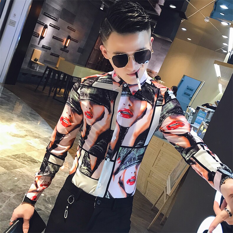 312A-810-P50新款人物印花修身衬衫夜店社会小伙发型师衬衣-1,男装衬衫,星座312A