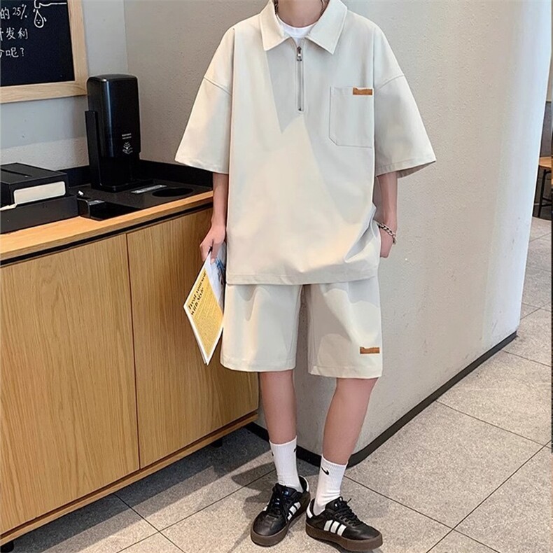 港风宽松百搭情侣半拉链夏季青少年潮流翻领短袖t恤休闲冰丝套装图片