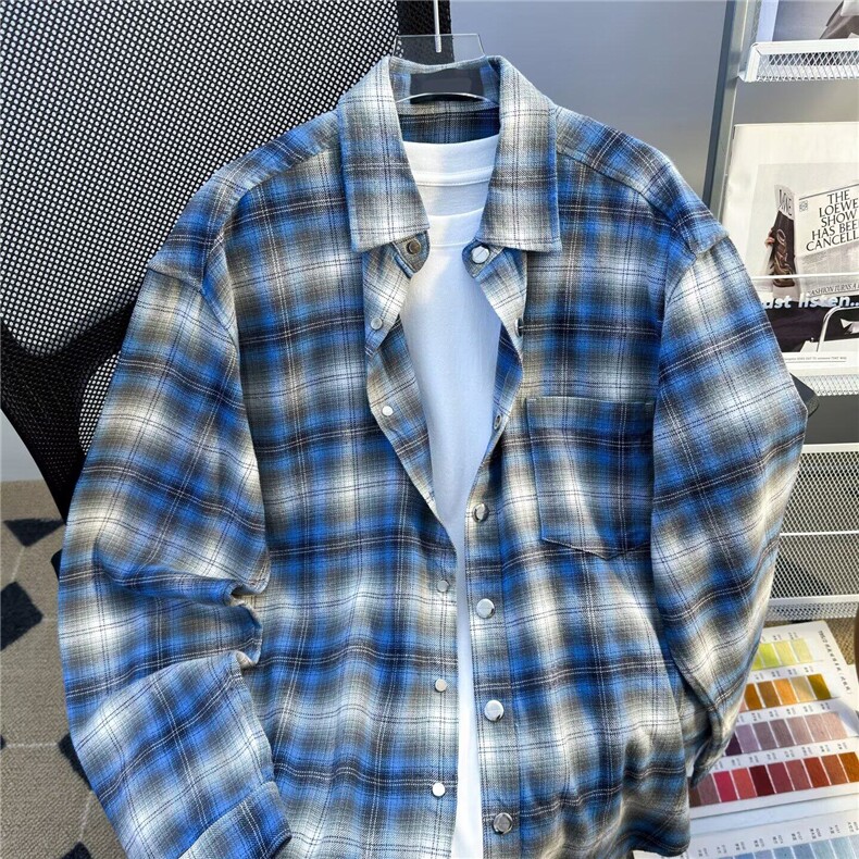 W485-P42复古磨毛格纹长袖衬衫秋季新款休闲宽松格子衬衣外套,男装衬衫,星座911-1