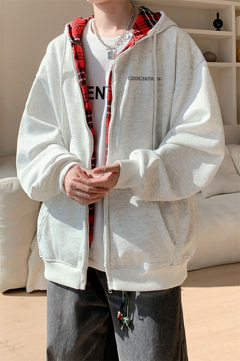 内景秋冬新款复古格子连帽卫衣男休闲宽松外套WY00750/P55加绒P60,女装短外套,电商B316