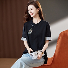胖mm遮肚子宽松显瘦重工刺绣拼接短袖t恤新中式上衣女夏，女装T恤，丽影随形