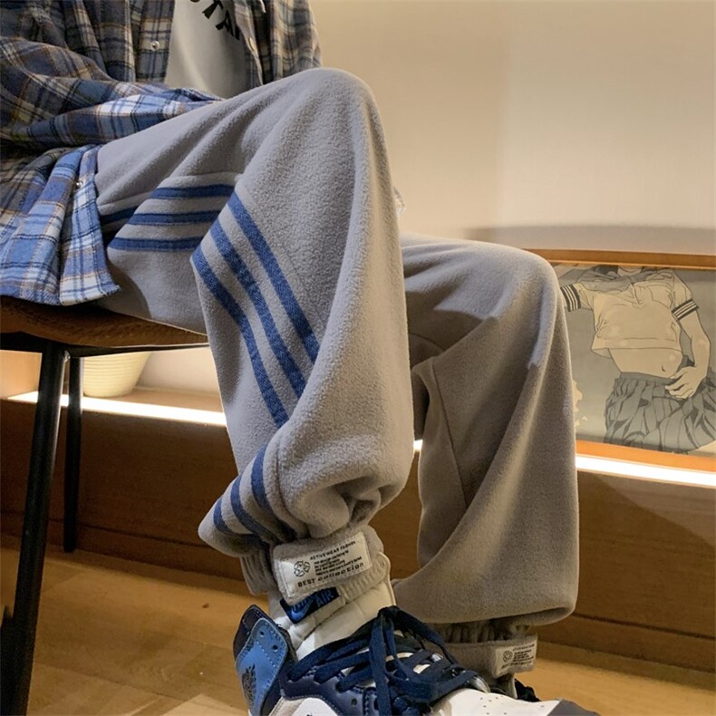 秋冬摇粒绒条纹魔术贴大码束脚休闲裤M~5XLXZ604-KP48-P55控68,男装休闲裤,星座604