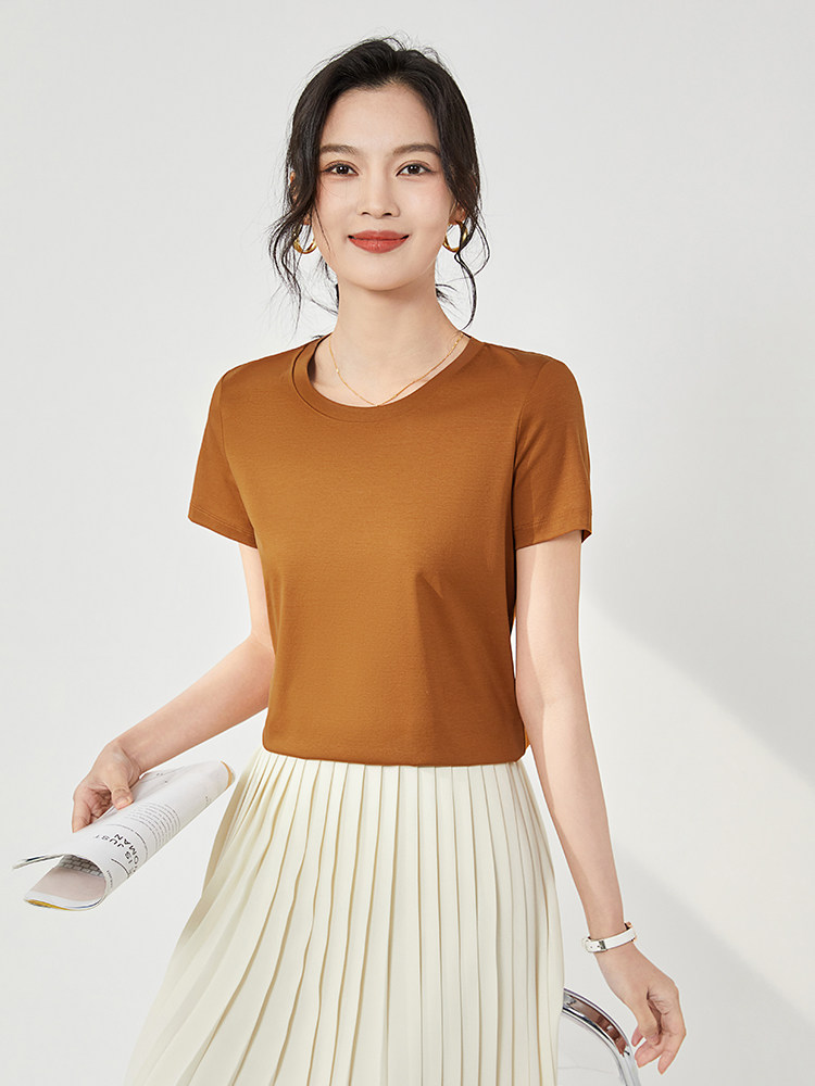 丝光棉t恤女23夏季新款纯色100%纯棉短袖上衣精梳棉纯色体恤定制,女装T恤,硕诚羊绒