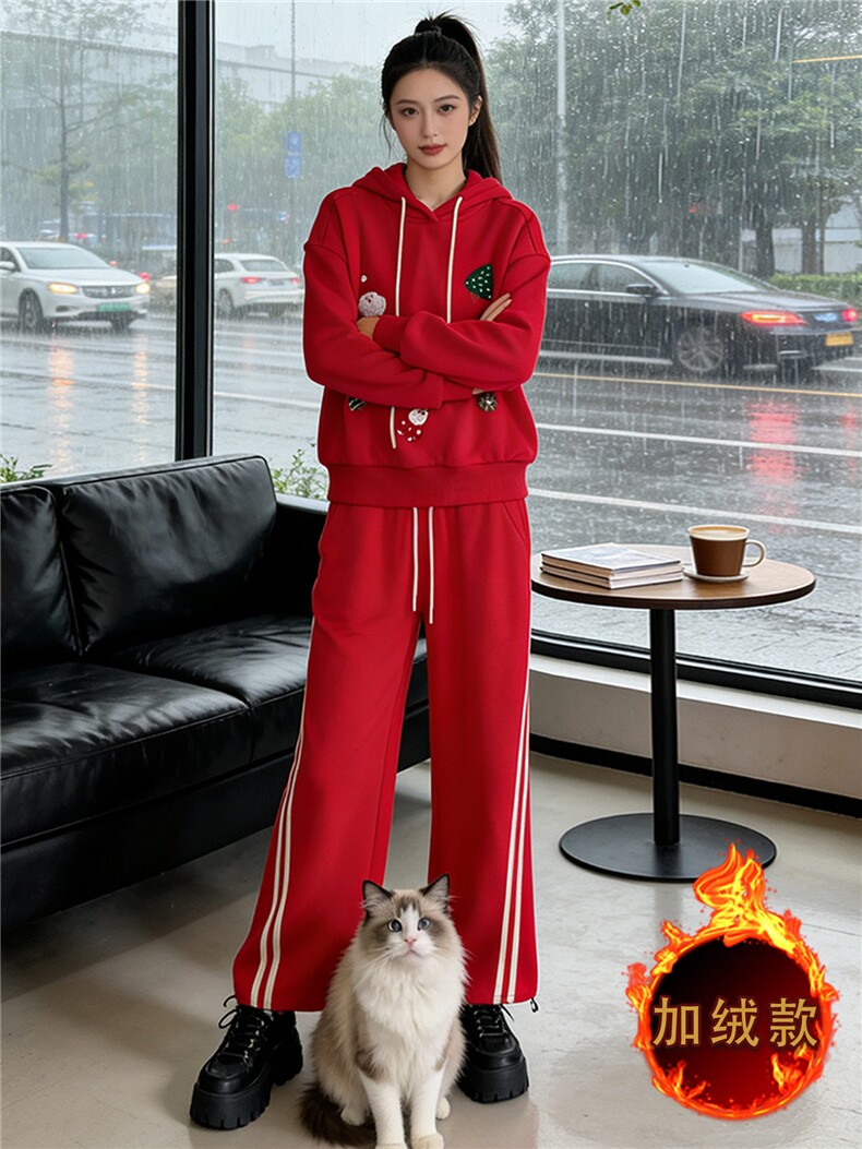 潮流休闲时尚套装女秋冬新款高级感卡通印花长袖卫衣直筒裤两件套,女装套装/套裙,江南