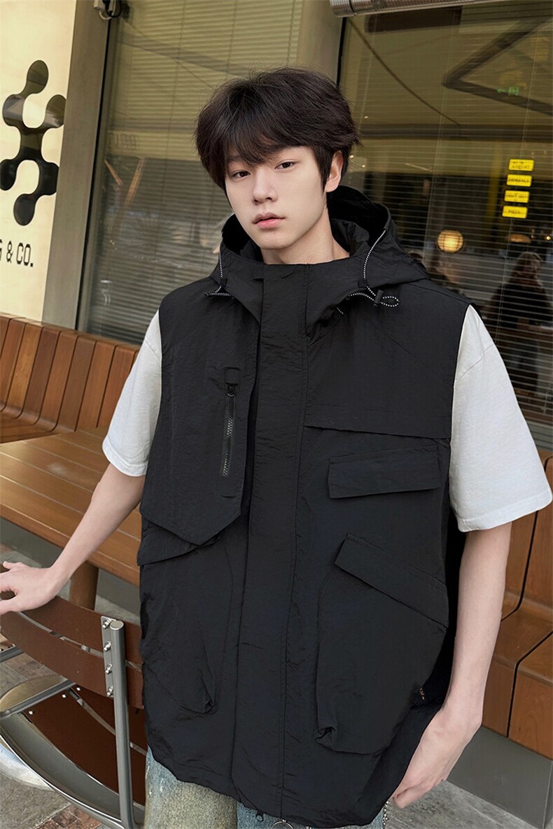 8XL-M四季工装外套街头机能口袋连帽防水无袖马甲坎肩JK1316P78,男装夹克,电商D206-1