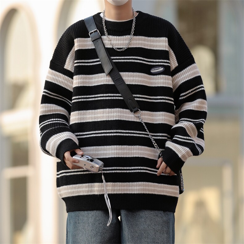 日系复古潮oversize套头针织衫秋冬新款条纹圆领毛衣男M1658-P45，男装针织衫/毛衣，星座512-4