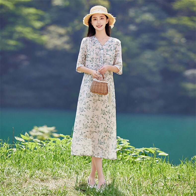 2026年夏季女士短袖休闲日常聚会表白沙滩逛街文艺/优雅婚礼居家,女装连衣裙,江南依恋