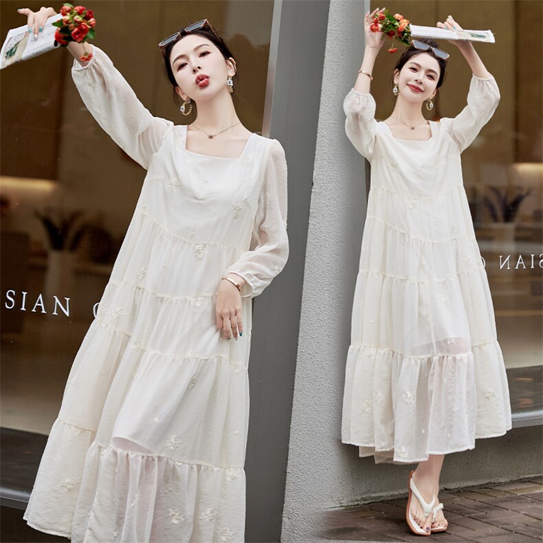 法式防晒长袖刺绣连衣裙女2024新款韩版感气质超仙森系超大摆长裙，女装连衣裙，韩蜜菓