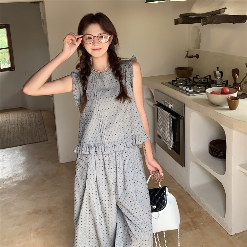 灰色减龄木耳边波点背心阔腿裤套装女2025夏新款韩系小个子两件套,女装套装/套裙,2C120