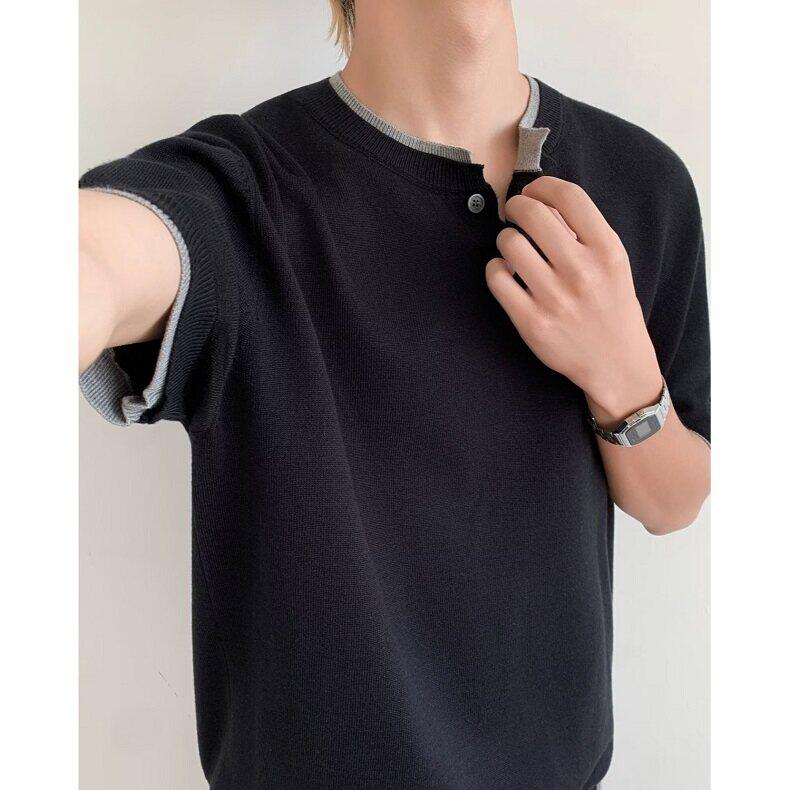 亨利领针织短袖男款夏季假两件拼接正肩t恤老钱风五分袖T509，男装T恤，星座1116A（原606A-3）