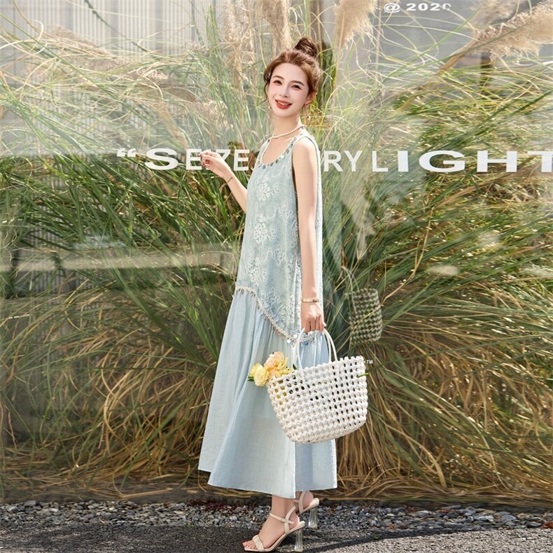 亮片拼接刺绣背心连衣裙女夏2025新款绝美波西米亚度假无袖沙滩裙,女装连衣裙,涵亦佰惠
